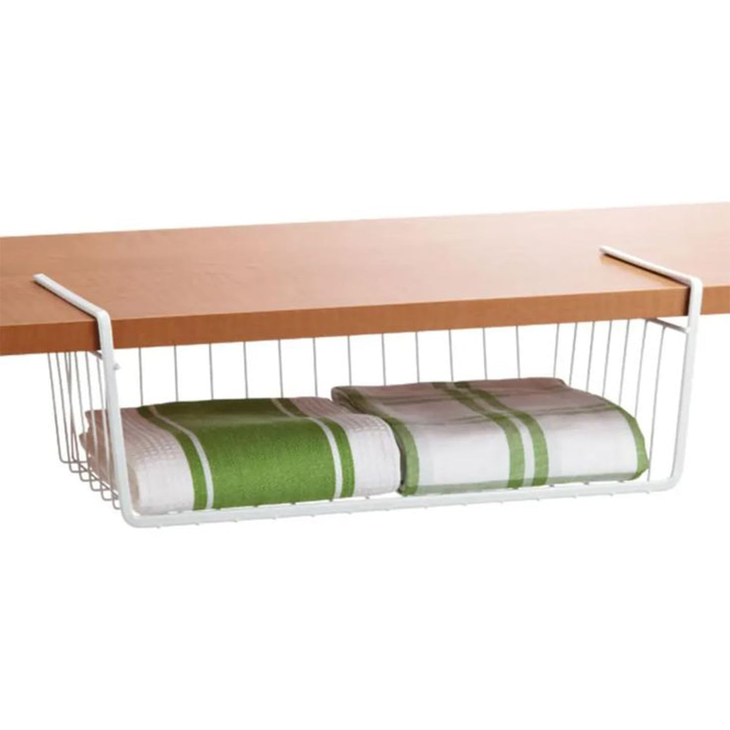 Go Hooked 16 Inch Undershelf Storage Basket Pack of 2 | Multipurpose Under Shelf Organizer | Hanging Wire Basket for Cabinet, Shelf, Pantry, Cupboard, Closet, Desk, and Bathroom (White)