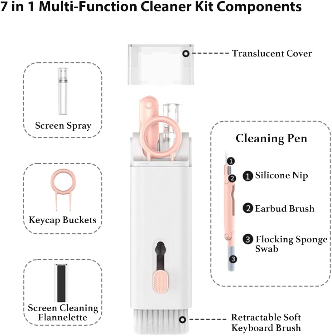 COSUTEK® 7 in 1 Keyboard Cleaning Brush Kit, Keyboard Cleaning Kit, Multifunctional Cleaner Tools, Earphone Cleaner, Flannel Sponge, Spray Bottle, Keycap Buckle, High-Density Brush, Cleaning Pen