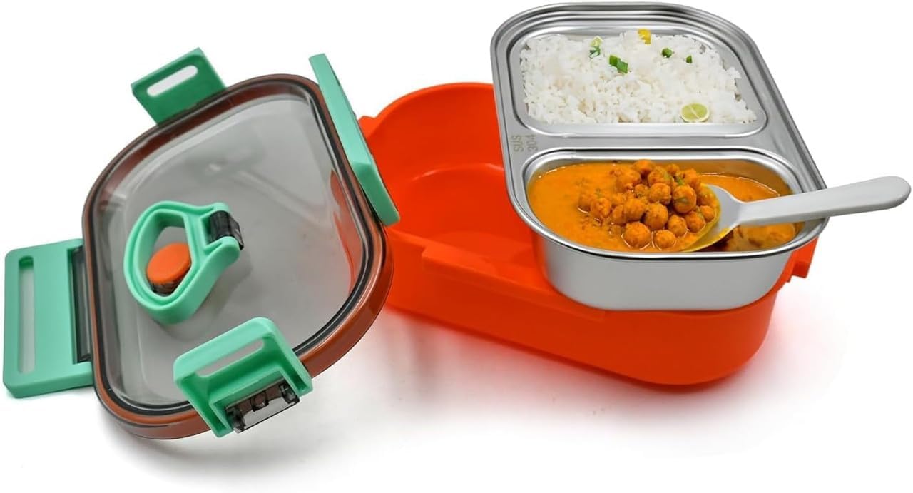MIRTONICS 3 Compartment Stainless Steel Lunch Box Leakage Proof Lunch Box for School Kids Adults (750ml_Multicolor)