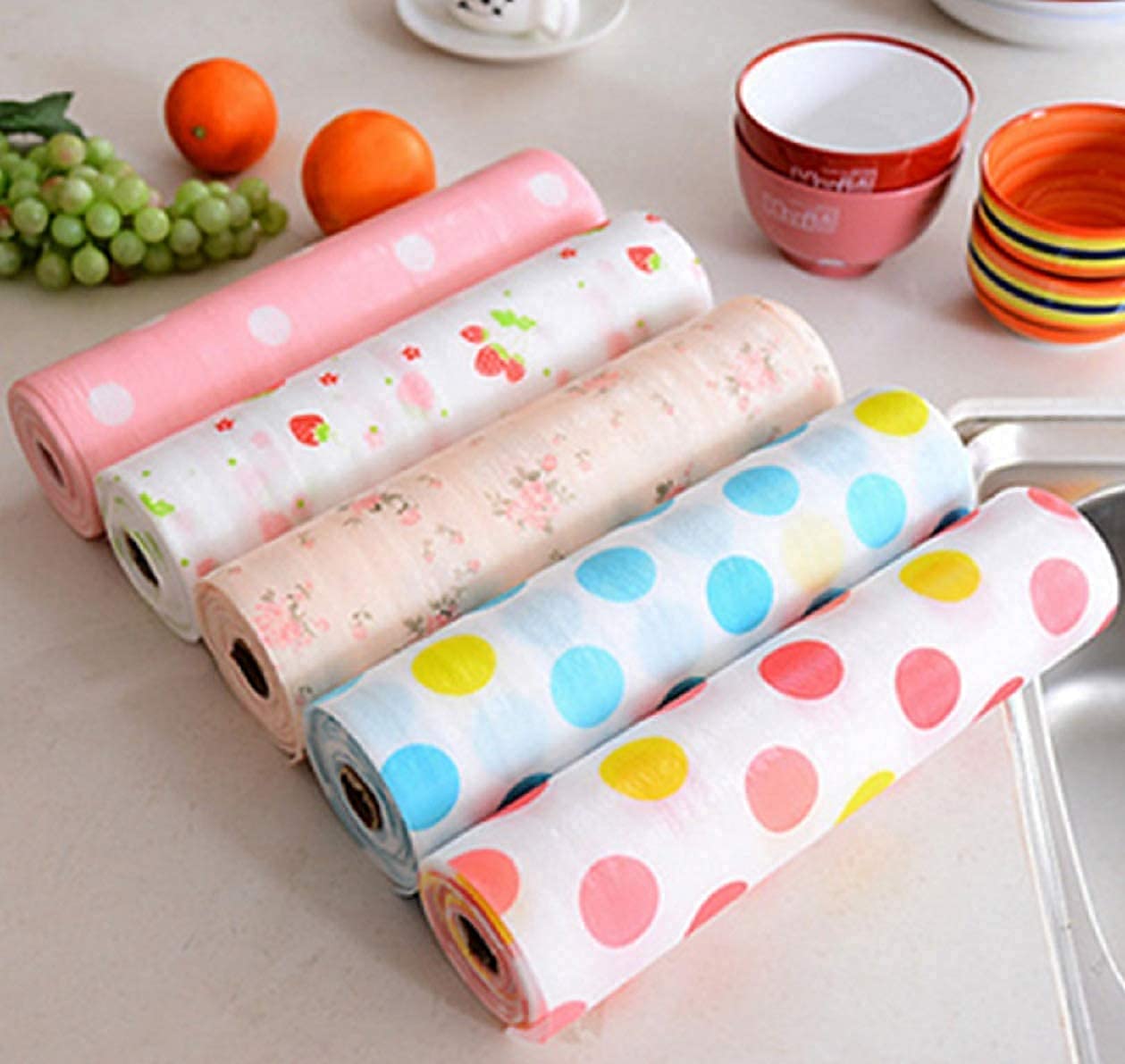 I K IMPEX Rolls Printing Antibacterial Cabinet Plastic Foam Household Wardrobe Moisture Drawer Pad Waterproof Non-Slip Paper Kitchen Cupboard Liners Roll Mat (Multicolor) (Set of 4)