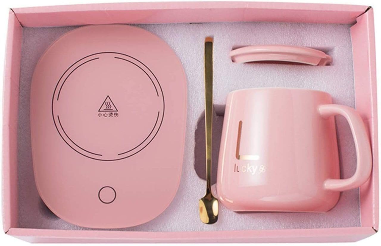 GABANIZ Auto Shut Off Hot Plate Personal Heated Ceramic Mug Desk Coffee Beverage Thermostatic Smart Heater Milk Tea Cocoa Water Home and Office Use Cup Spoon