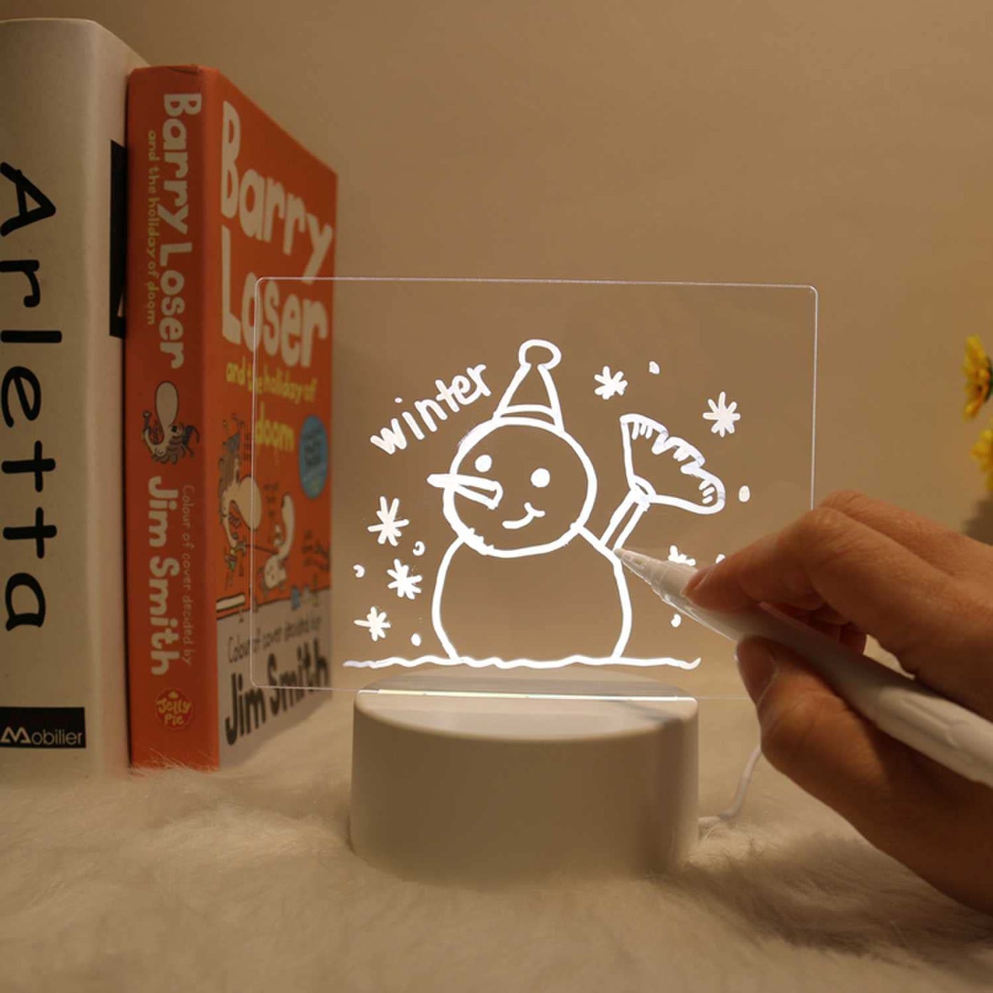 Inditradition 3D Acrylic Creative Message Board with LED Light Base Holder, with Writing Pen & Cloth ((Transparent, Round Shape, 5x5 Inches)