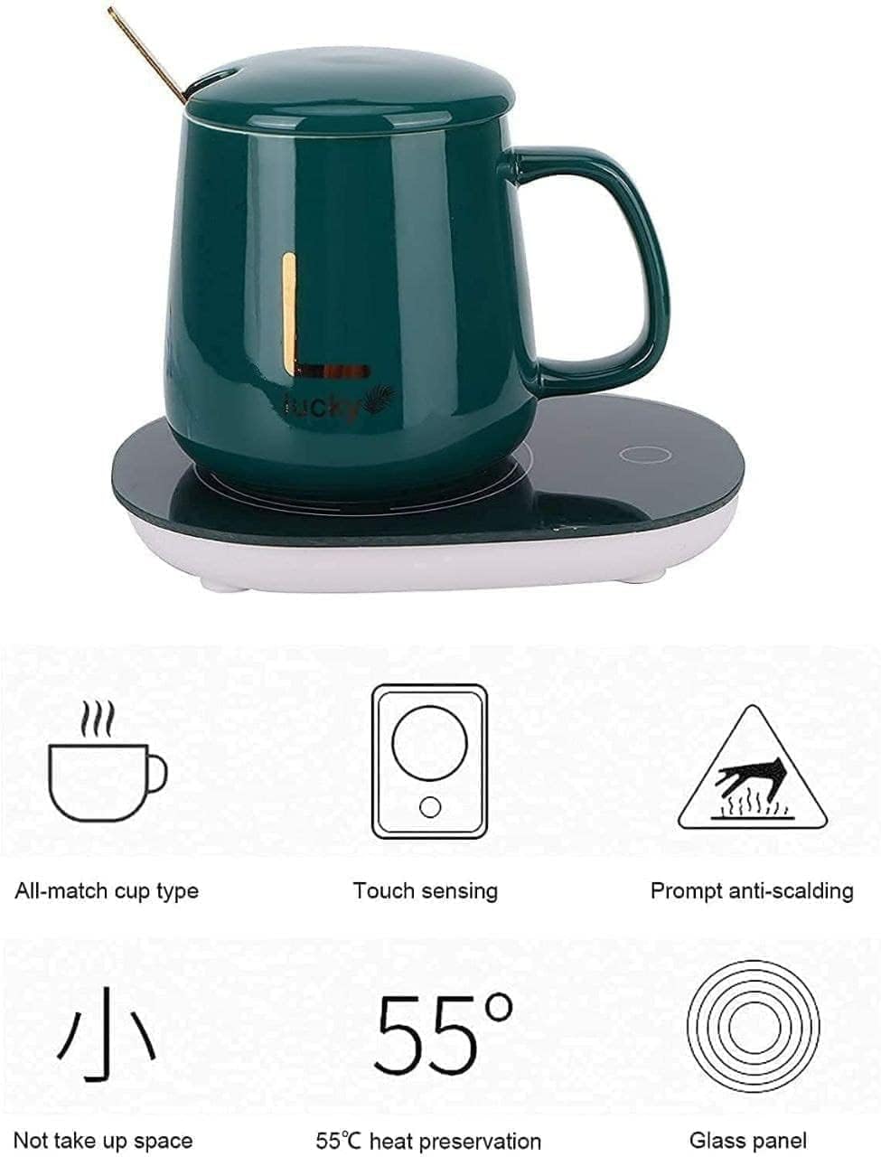GABANIZ Auto Shut Off Hot Plate Personal Heated Ceramic Mug Desk Coffee Beverage Thermostatic Smart Heater Milk Tea Cocoa Water Home and Office Use Cup Spoon