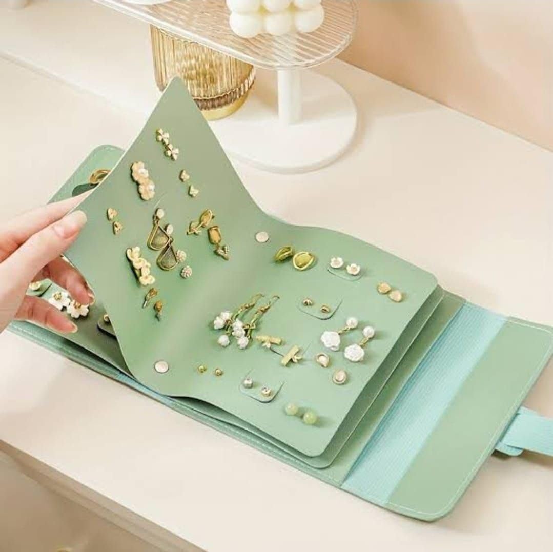 Travel Earring Case, Foldable Book Design Jewelry Organizer Book Portable PU Leather Earring Organizer Box Ear Ring Holder 84 Holes with 2 Storage Pockets 1 Interlayer for DIY Drilling(Multicolour)