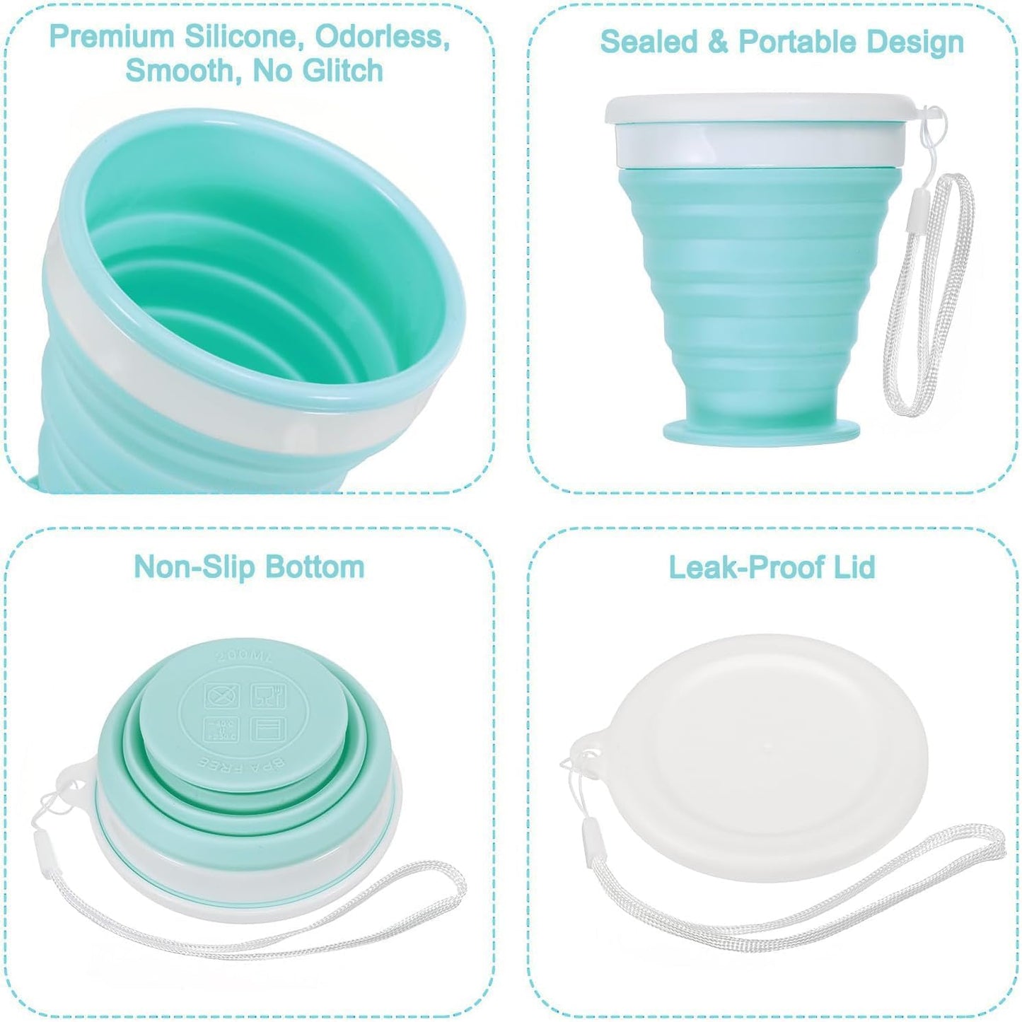 Baskety Silicone Collapsible Travel Cup - Silicone Folding Camping Cup with Lids - Expandable Drinking Cup Set - BPA Free, Portable, Graduated