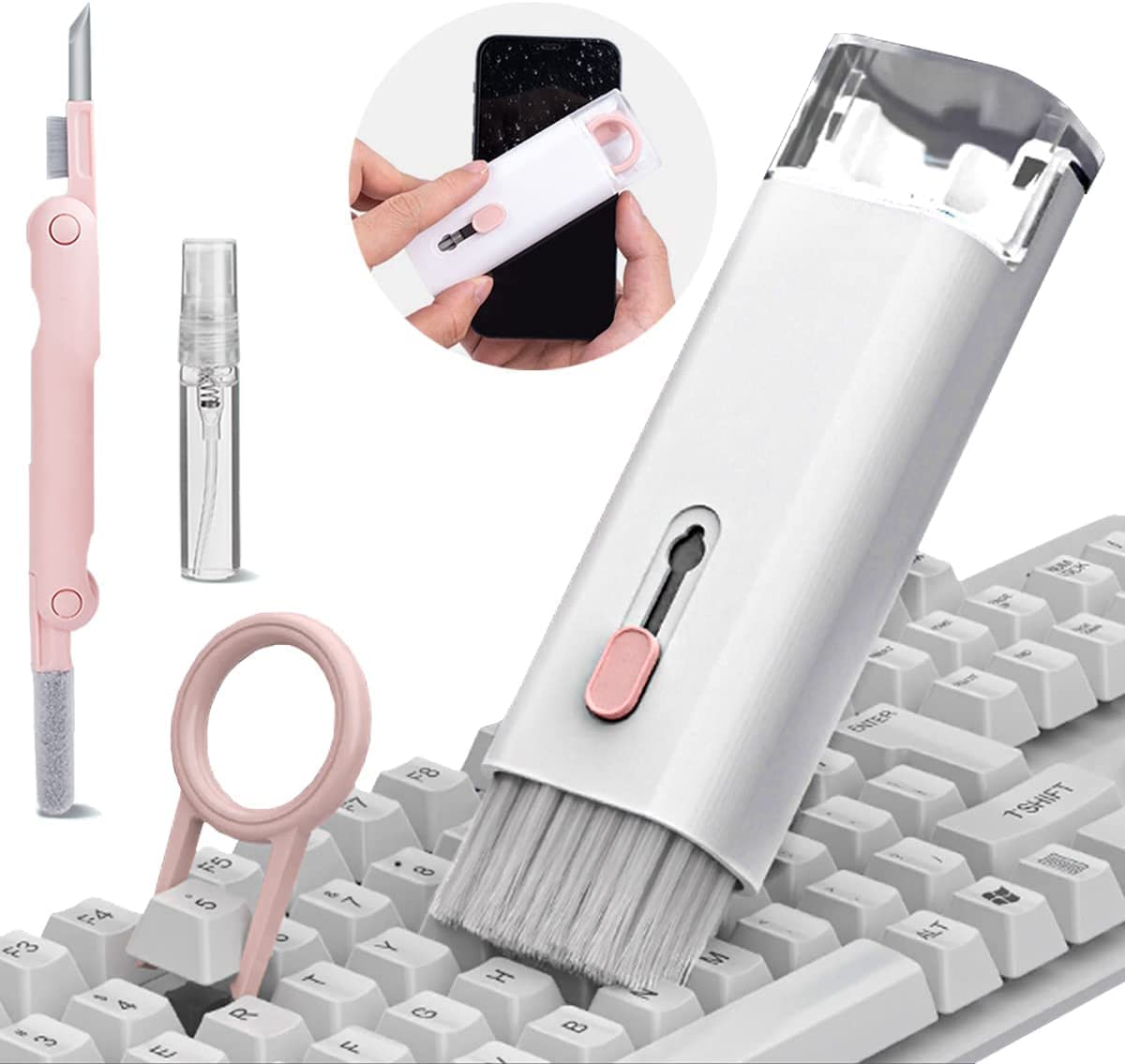 COSUTEK® 7 in 1 Keyboard Cleaning Brush Kit, Keyboard Cleaning Kit, Multifunctional Cleaner Tools, Earphone Cleaner, Flannel Sponge, Spray Bottle, Keycap Buckle, High-Density Brush, Cleaning Pen