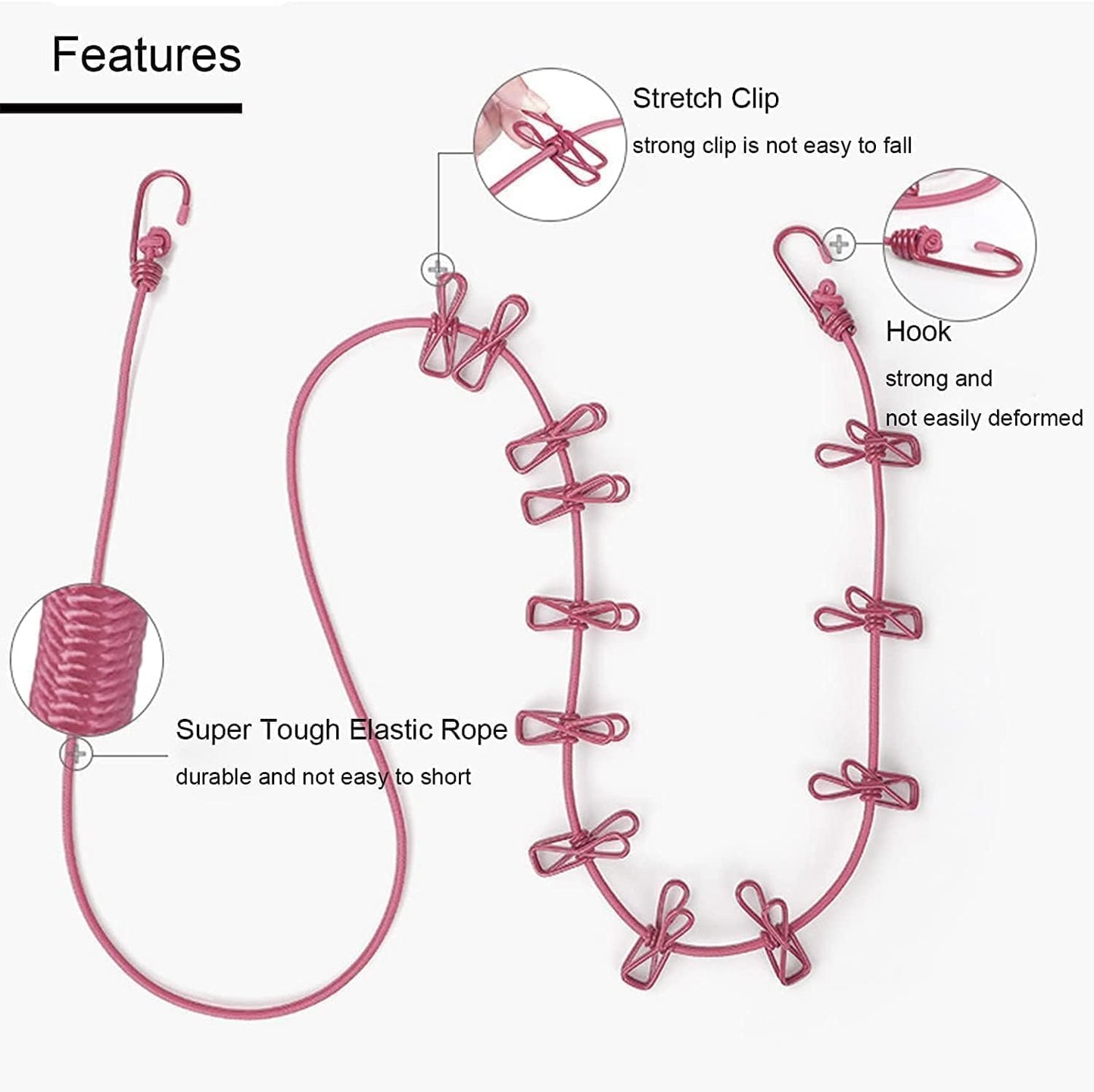 NAARI VILLA Cloth Drying Rope (Pack of 4) with 12 Clips Hooks Elastic Cloth Hanging Rope Cloth Drying for Travel Home Outdoor Indoor Wind-Proof Clothesline