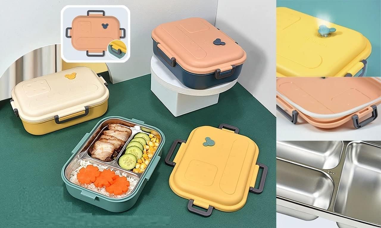 MIRTONICS 3 Compartment Stainless Steel Lunch Box Leakage Proof Lunch Box for School Kids Adults (750ml_Multicolor)