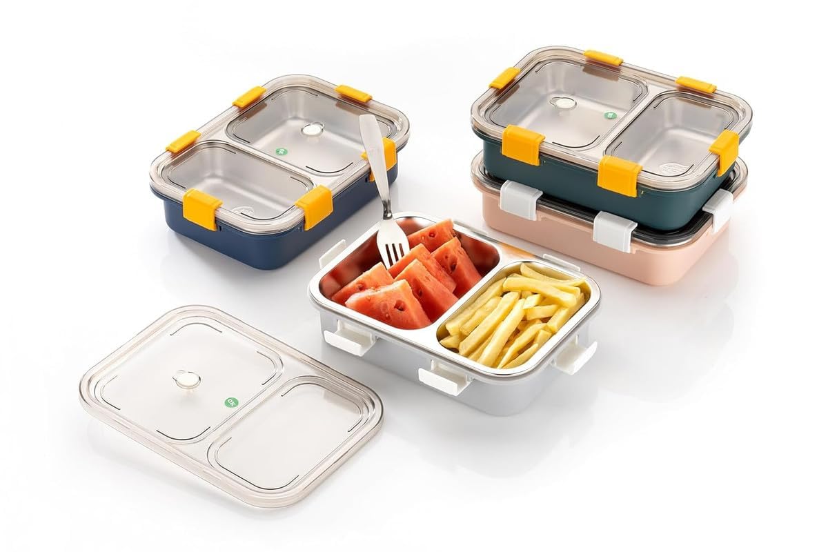 MIRTONICS 3 Compartment Stainless Steel Lunch Box Leakage Proof Lunch Box for School Kids Adults (750ml_Multicolor)