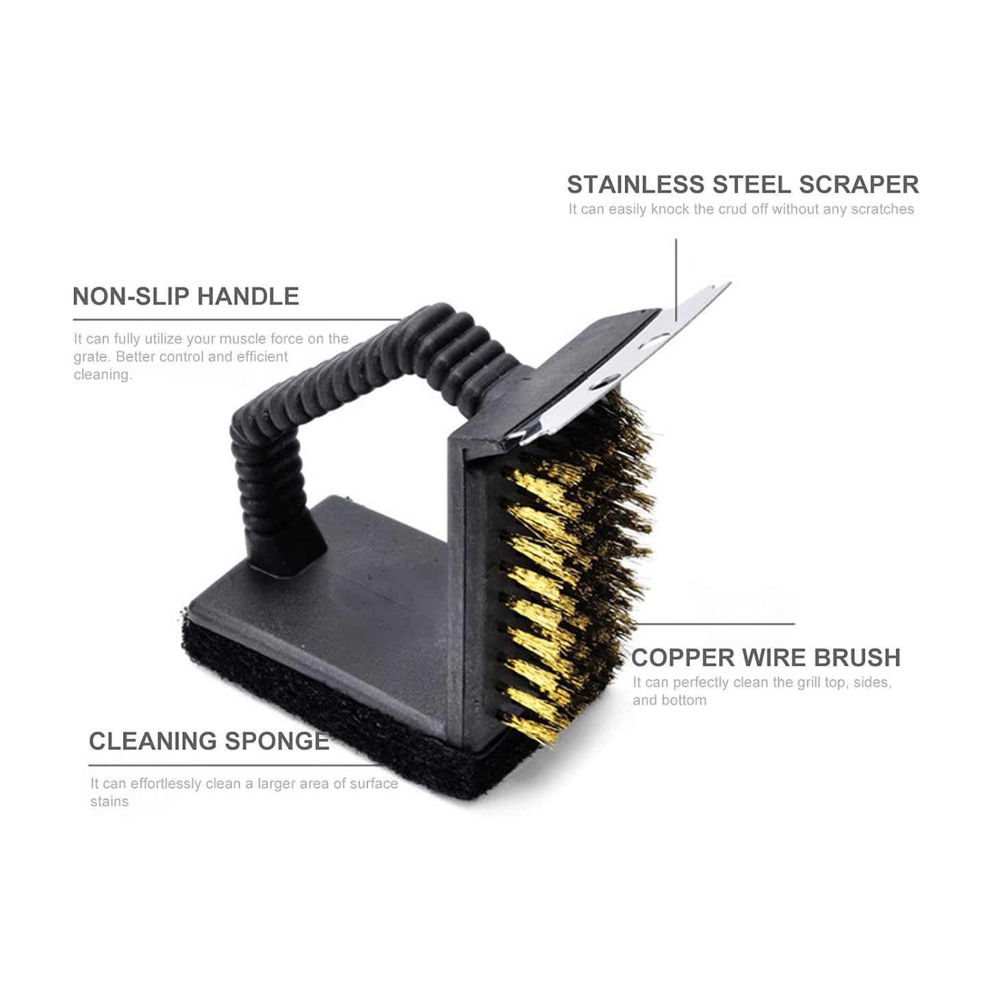 3 in 1 BBQ Cleaning Brush Grill Scraper Sponge Multifunction Barbecue Cleaner BBQ Cleaning Brush for Charcoal Porcelain Grill Tools Black-Layfoo