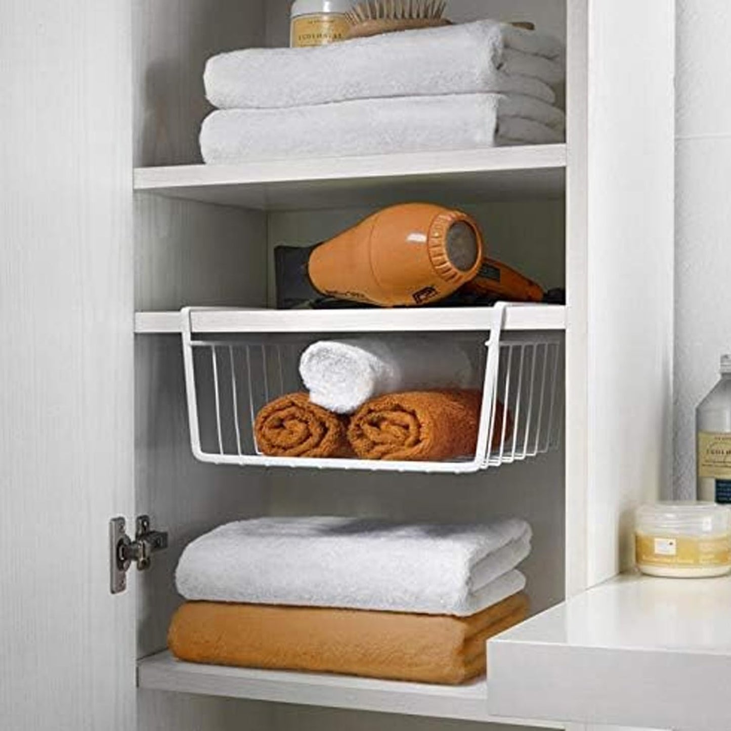Go Hooked 16 Inch Undershelf Storage Basket Pack of 2 | Multipurpose Under Shelf Organizer | Hanging Wire Basket for Cabinet, Shelf, Pantry, Cupboard, Closet, Desk, and Bathroom (White)