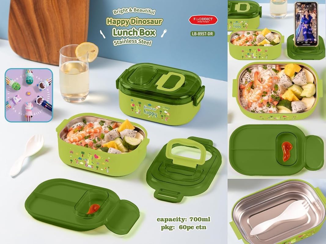 MIRTONICS 3 Compartment Stainless Steel Lunch Box Leakage Proof Lunch Box for School Kids Adults (750ml_Multicolor)