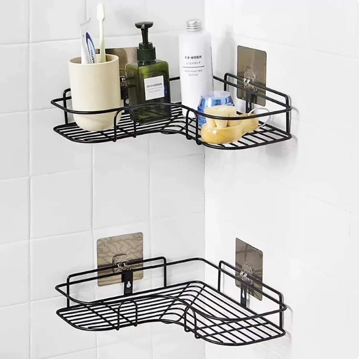CRENTILA Stainless Steel Self-Adhesive Metal Storage Organizer Bathroom Corner Rack Shelves (Black)
