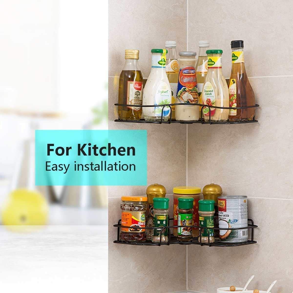 CRENTILA Stainless Steel Self-Adhesive Metal Storage Organizer Bathroom Corner Rack Shelves (Black)