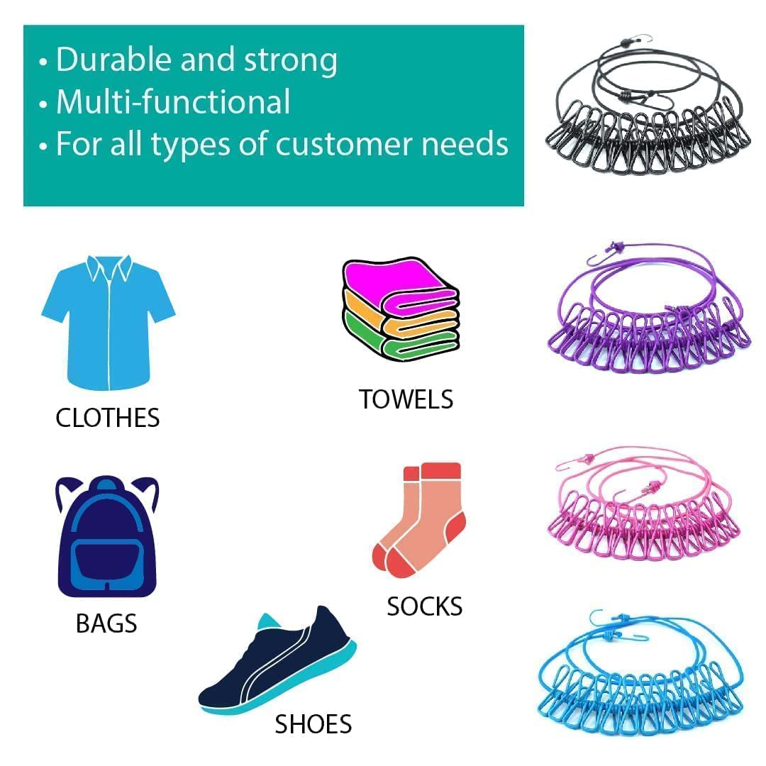 NAARI VILLA Cloth Drying Rope (Pack of 4) with 12 Clips Hooks Elastic Cloth Hanging Rope Cloth Drying for Travel Home Outdoor Indoor Wind-Proof Clothesline