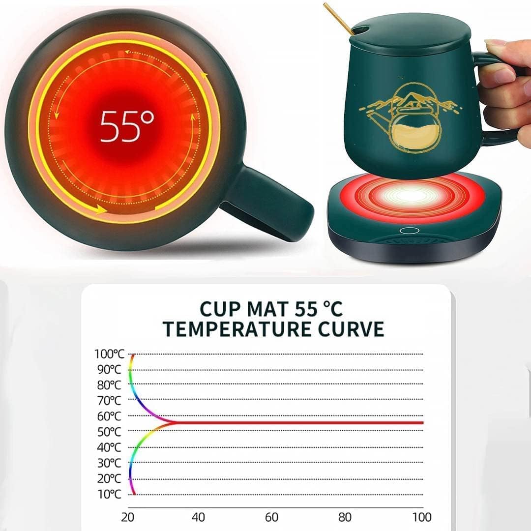 GABANIZ Auto Shut Off Hot Plate Personal Heated Ceramic Mug Desk Coffee Beverage Thermostatic Smart Heater Milk Tea Cocoa Water Home and Office Use Cup Spoon