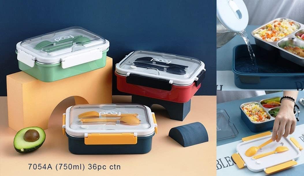 MIRTONICS 3 Compartment Stainless Steel Lunch Box Leakage Proof Lunch Box for School Kids Adults (750ml_Multicolor)