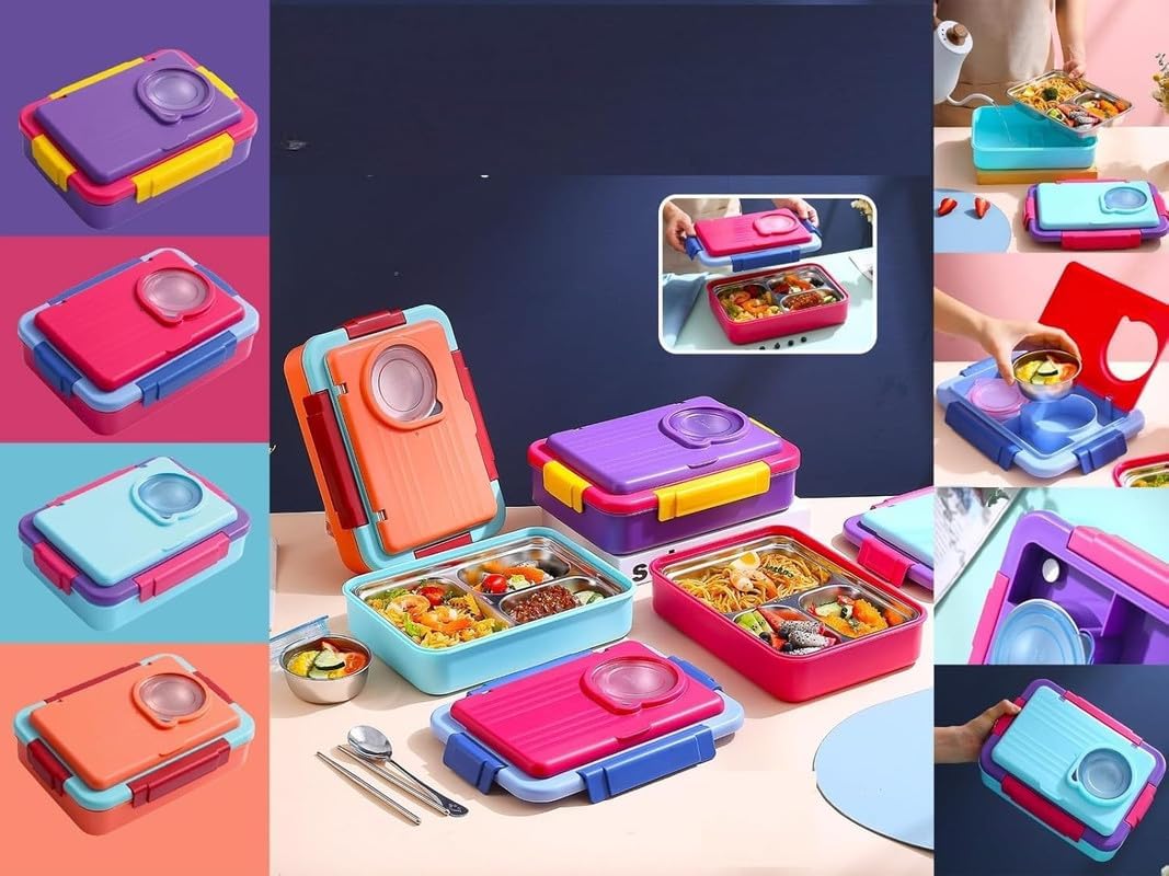 MIRTONICS 3 Compartment Stainless Steel Lunch Box Leakage Proof Lunch Box for School Kids Adults (750ml_Multicolor)