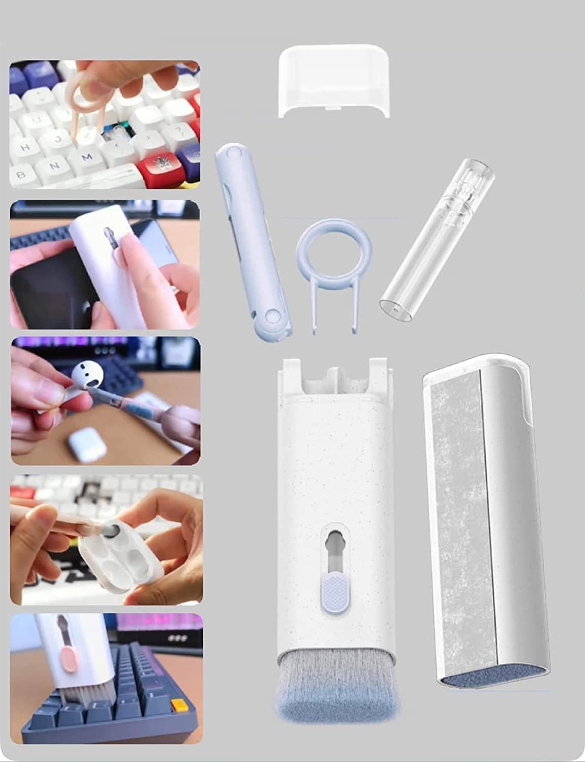 COSUTEK® 7 in 1 Keyboard Cleaning Brush Kit, Keyboard Cleaning Kit, Multifunctional Cleaner Tools, Earphone Cleaner, Flannel Sponge, Spray Bottle, Keycap Buckle, High-Density Brush, Cleaning Pen
