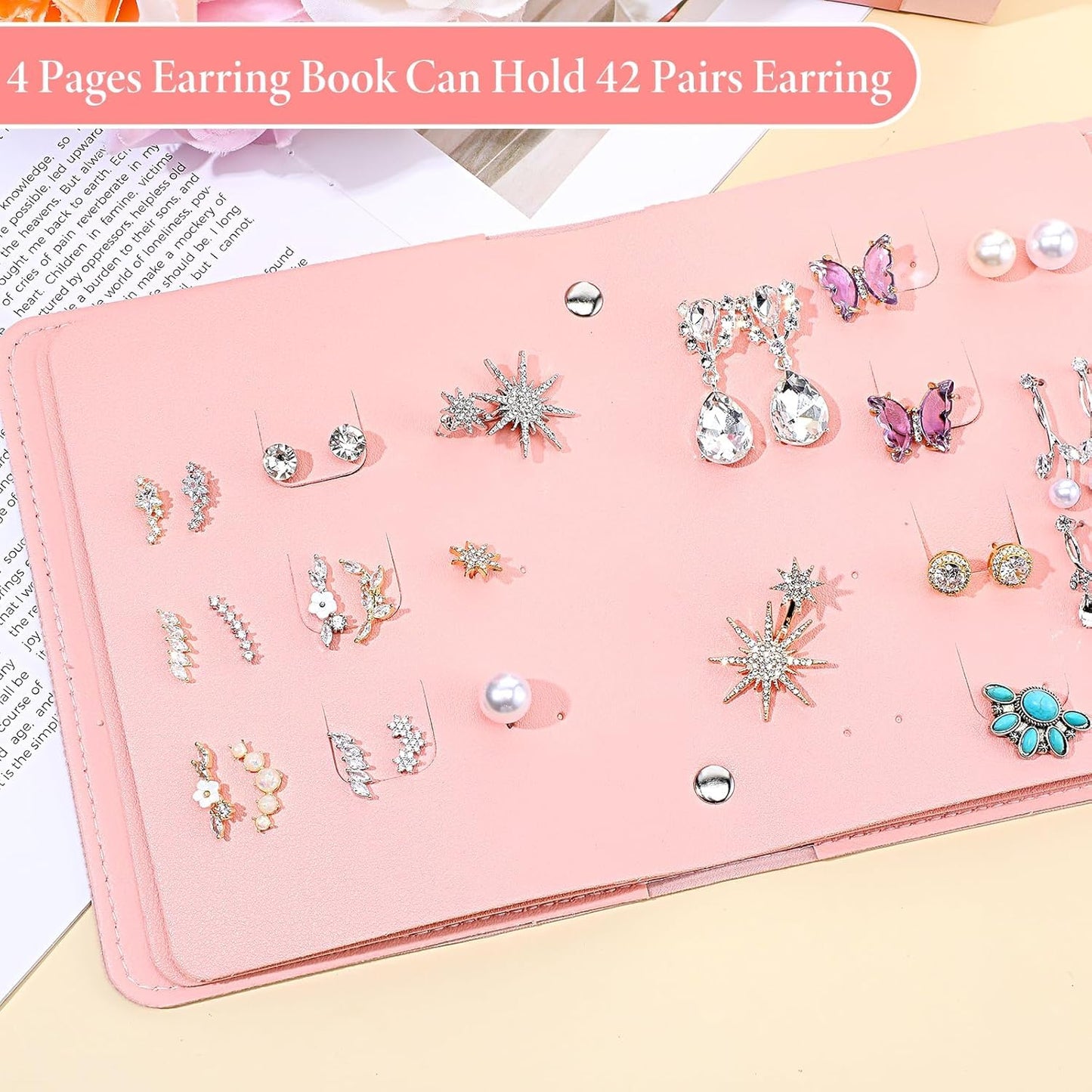 Travel Earring Case, Foldable Book Design Jewelry Organizer Book Portable PU Leather Earring Organizer Box Ear Ring Holder 84 Holes with 2 Storage Pockets 1 Interlayer for DIY Drilling(Multicolour)