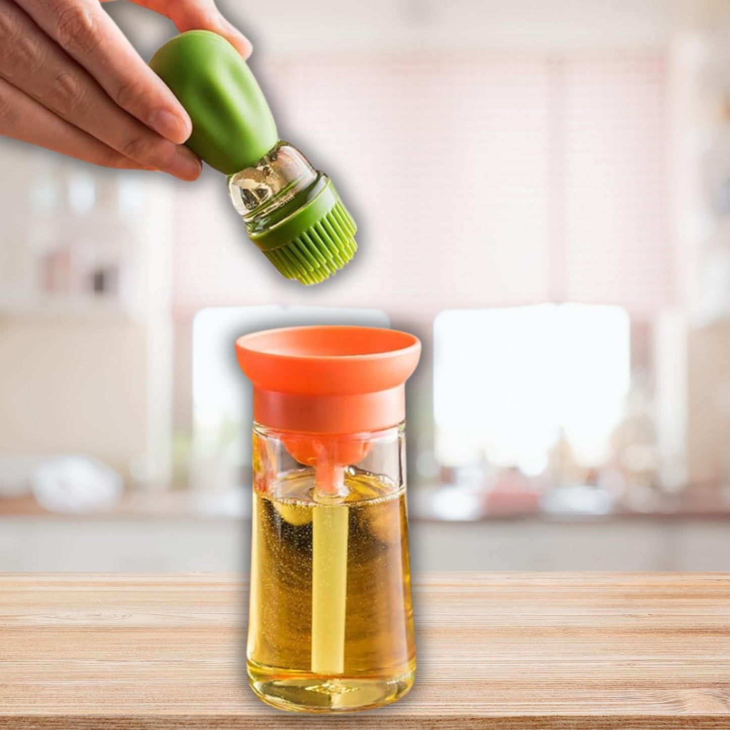 Patel's Kitchen 2in 1 Glass Olive Oil Dispenser Bottle With Silicone Brush Droper Silicone Dropper Measuring Oil Dispenser Bottle for Kitchen Cooking Baking and BBQ Red (180 ml)
