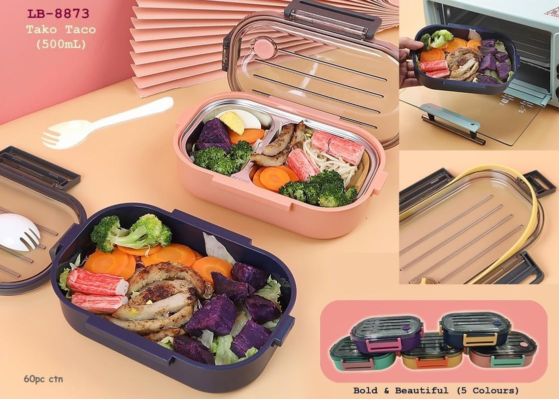 MIRTONICS 3 Compartment Stainless Steel Lunch Box Leakage Proof Lunch Box for School Kids Adults (750ml_Multicolor)