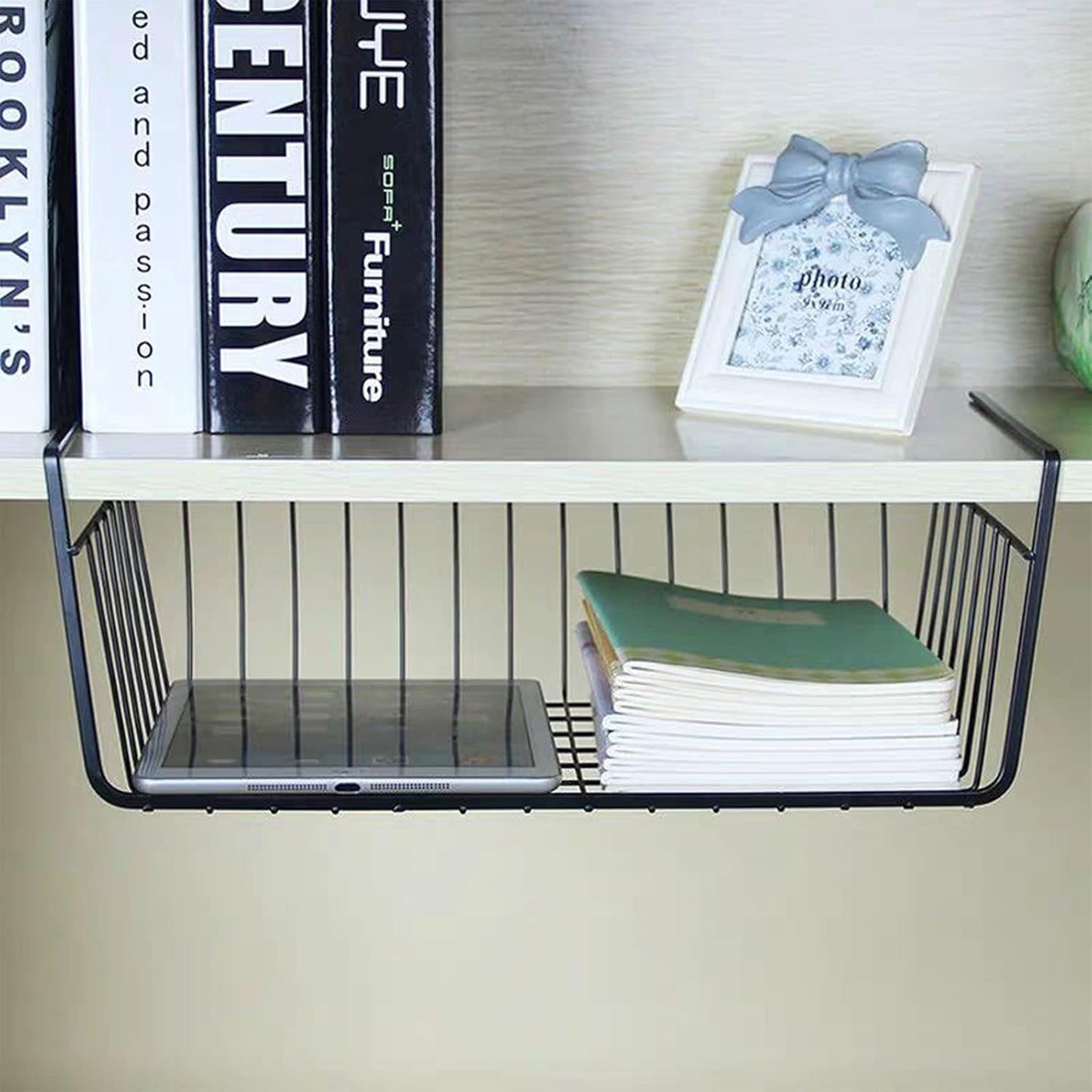 Go Hooked 16 Inch Undershelf Storage Basket Pack of 2 | Multipurpose Under Shelf Organizer | Hanging Wire Basket for Cabinet, Shelf, Pantry, Cupboard, Closet, Desk, and Bathroom (White)