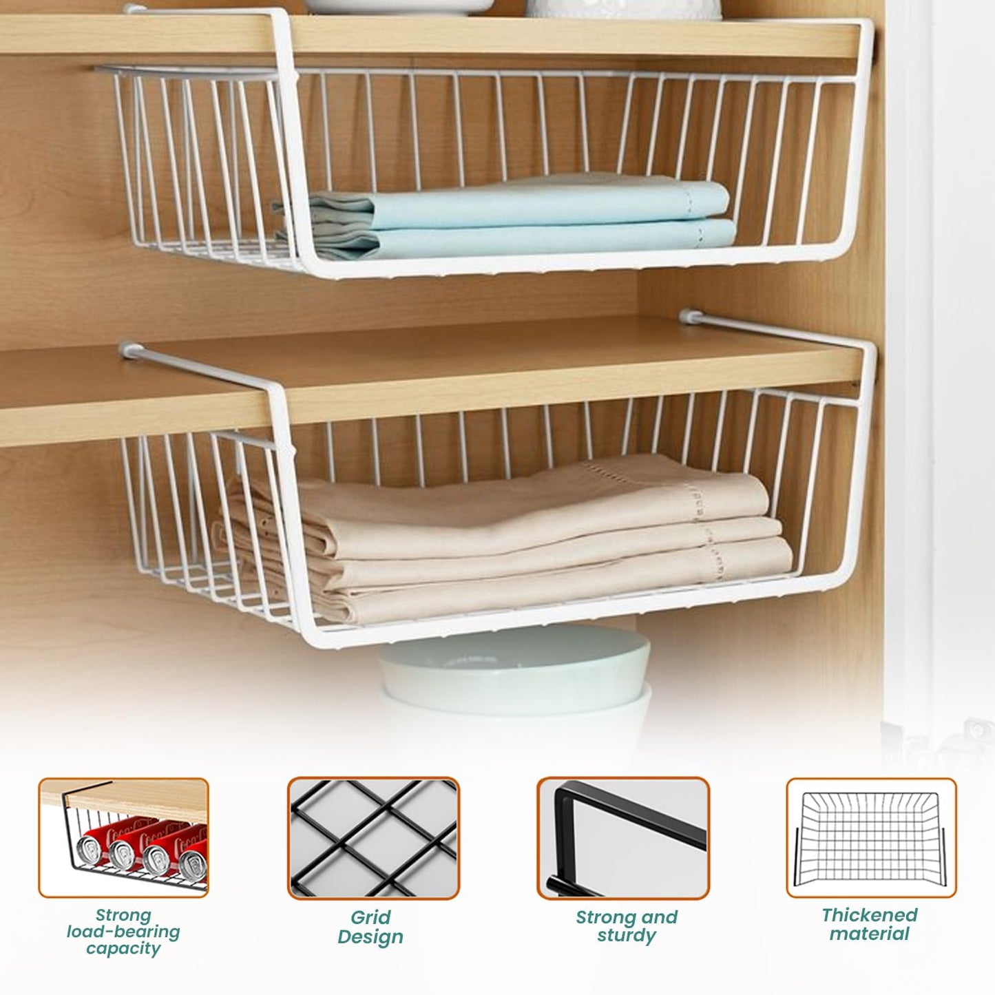 Go Hooked 16 Inch Undershelf Storage Basket Pack of 2 | Multipurpose Under Shelf Organizer | Hanging Wire Basket for Cabinet, Shelf, Pantry, Cupboard, Closet, Desk, and Bathroom (White)