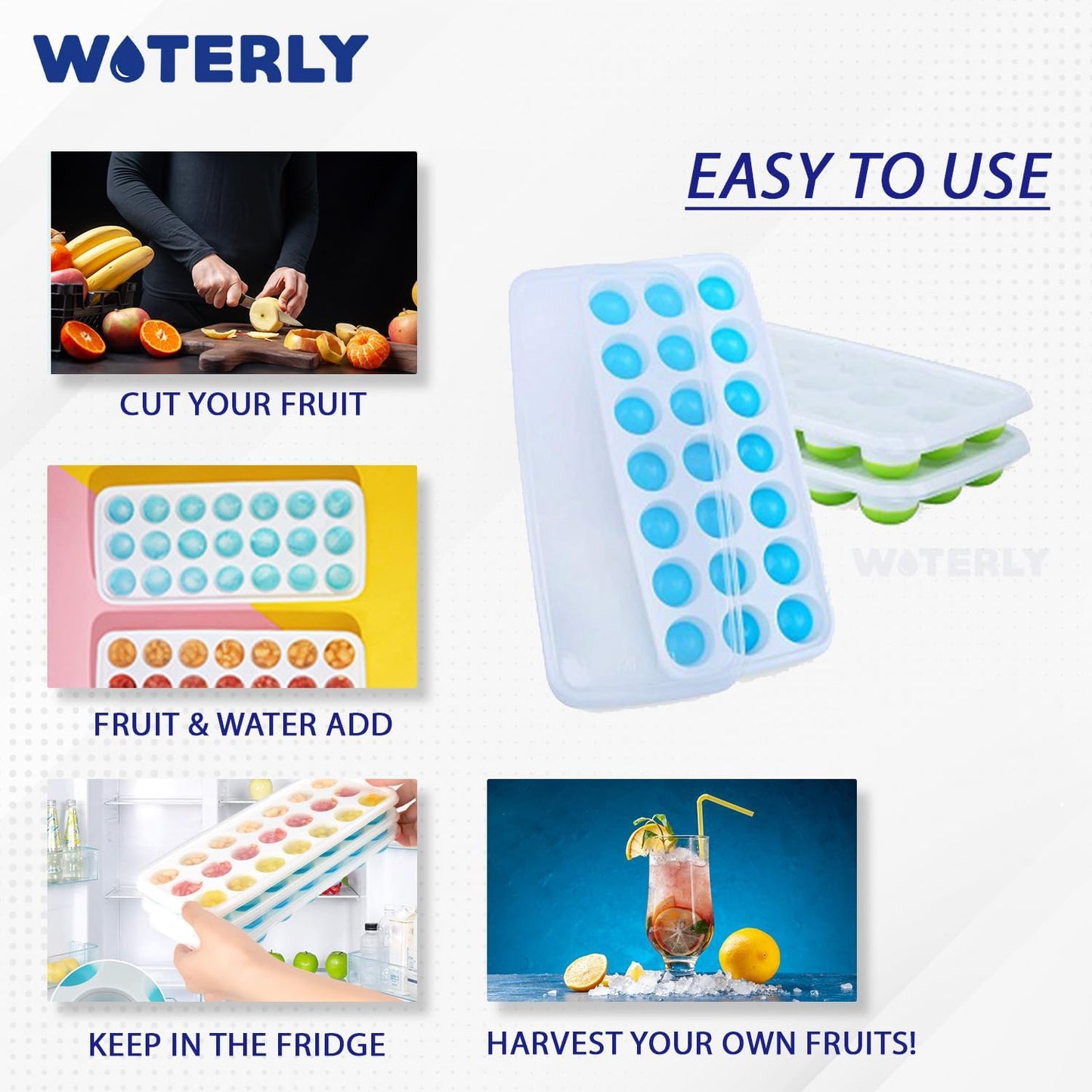 WOTERLY 4 Pcs Pop Up Round Ice Cube Trays| Ice Tray with Lid for Freezer| Easy Release,Flexible Silicone Bottom, Stackable Food Grade Plastic,BPA Free| Make Perfect Ice Balls (Set of 4Pcs)