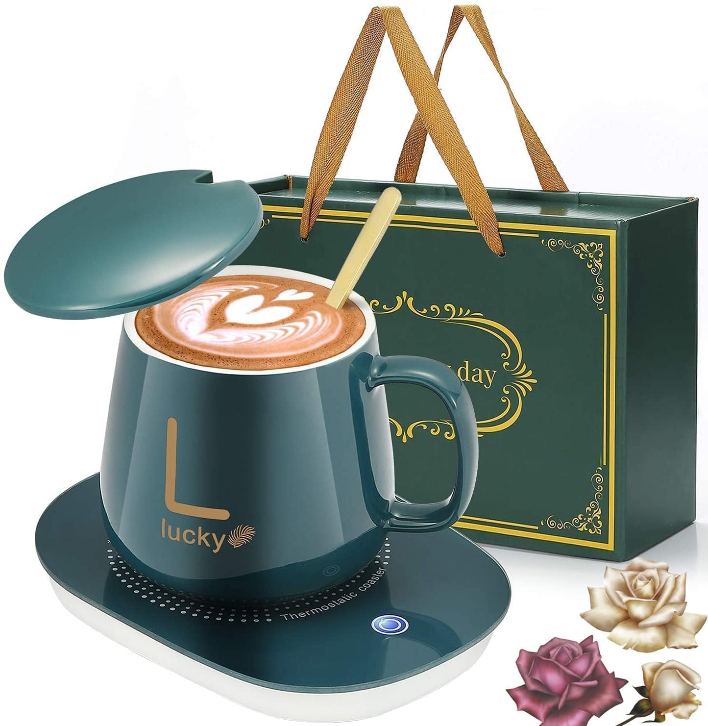 GABANIZ Auto Shut Off Hot Plate Personal Heated Ceramic Mug Desk Coffee Beverage Thermostatic Smart Heater Milk Tea Cocoa Water Home and Office Use Cup Spoon
