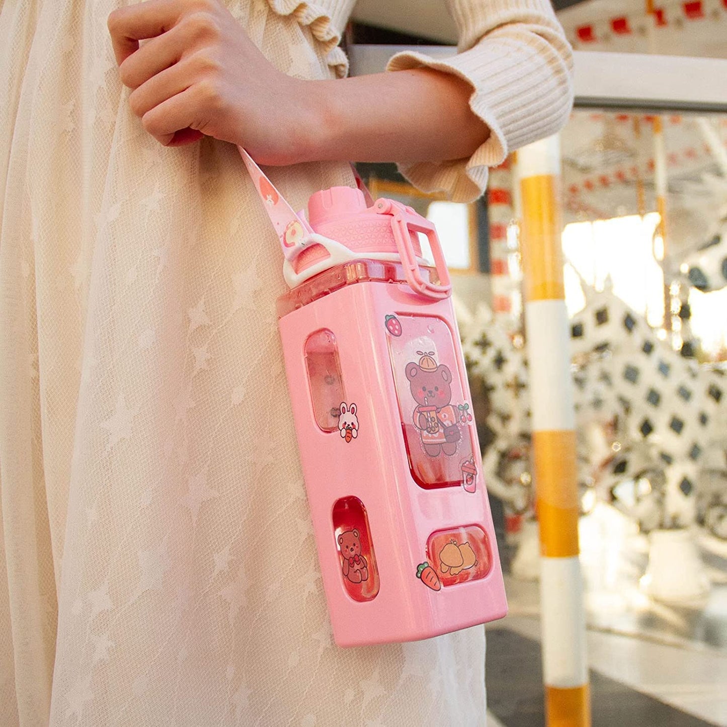 HOMECRAZE Kawaii Water Bottle With Straw Water Bottles Portable Square Drinking Bottle For Girl