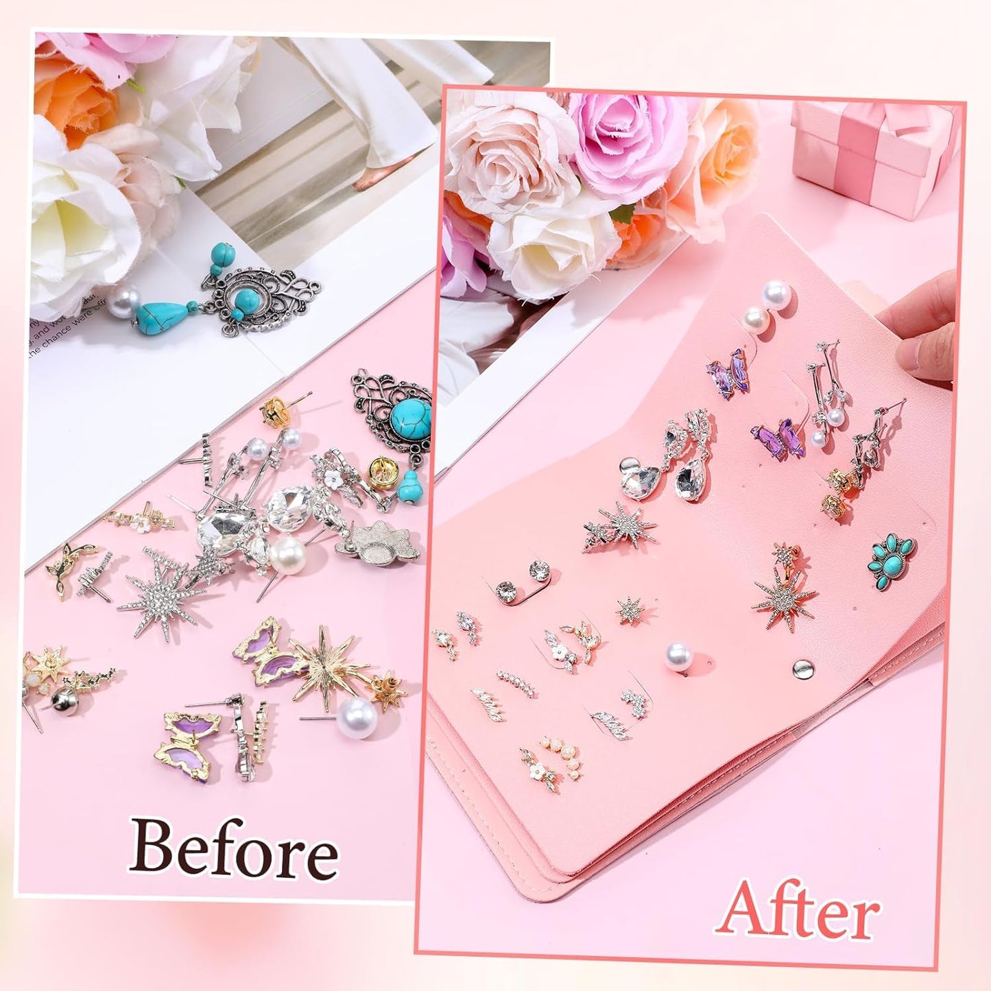 Travel Earring Case, Foldable Book Design Jewelry Organizer Book Portable PU Leather Earring Organizer Box Ear Ring Holder 84 Holes with 2 Storage Pockets 1 Interlayer for DIY Drilling(Multicolour)