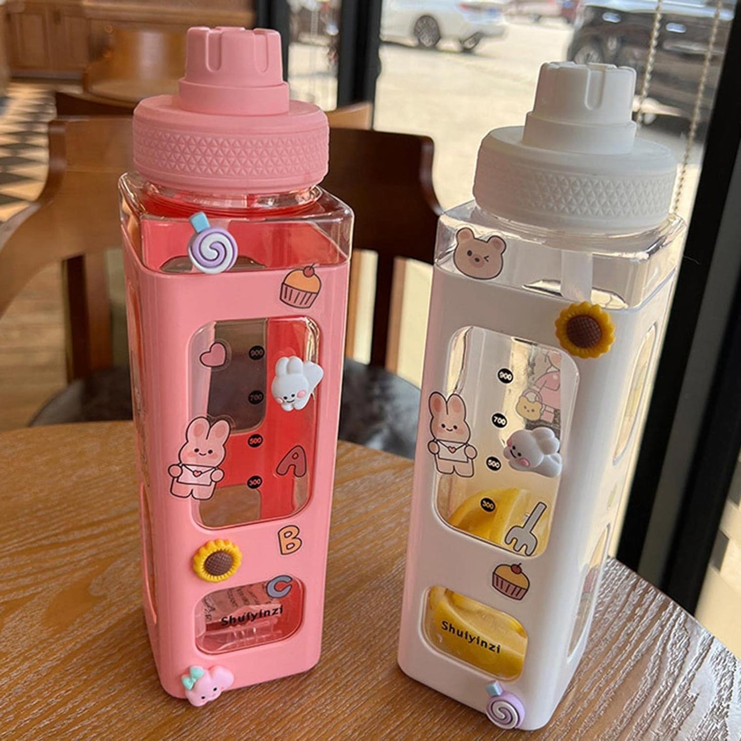 HOMECRAZE Kawaii Water Bottle With Straw Water Bottles Portable Square Drinking Bottle For Girl