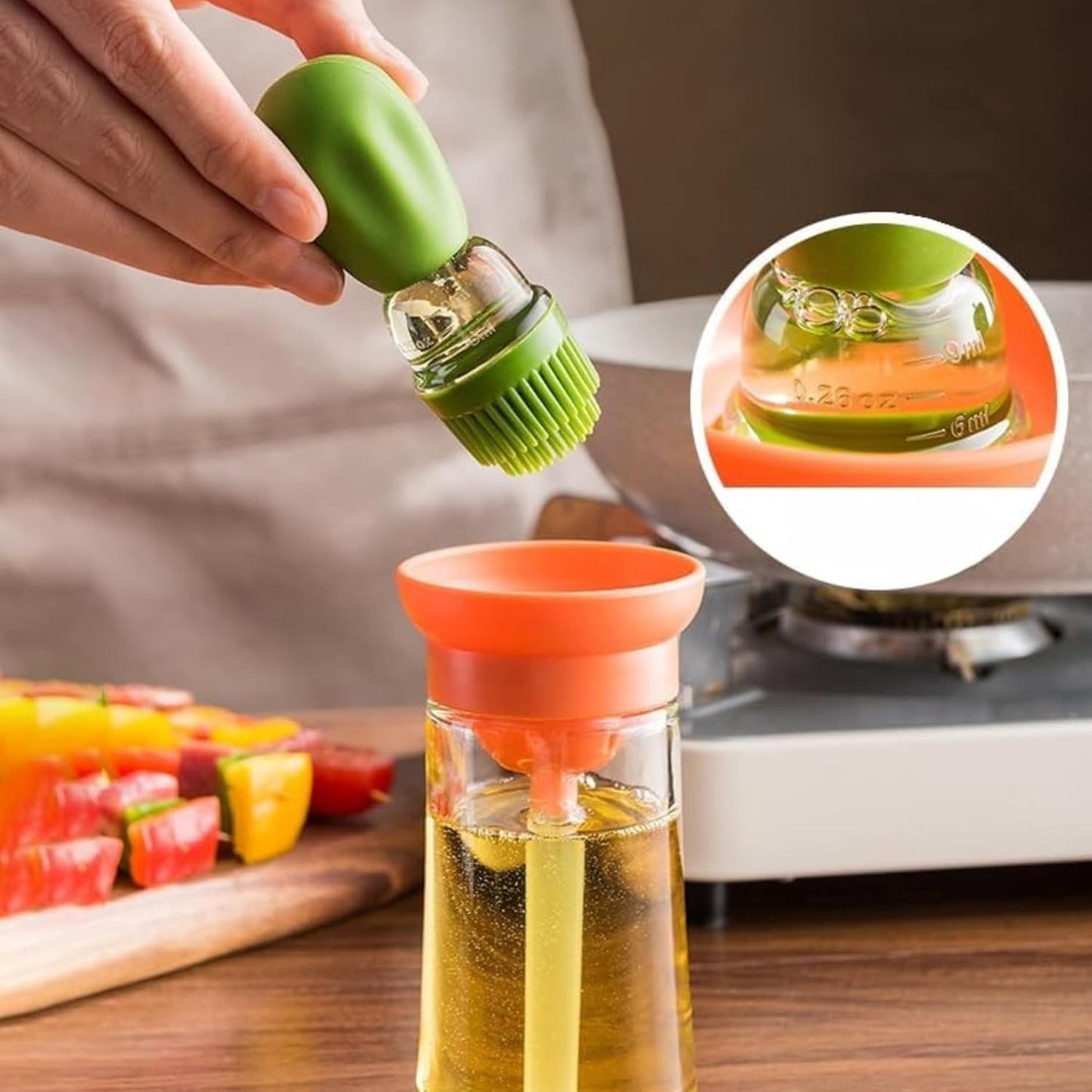 Patel's Kitchen 2in 1 Glass Olive Oil Dispenser Bottle With Silicone Brush Droper Silicone Dropper Measuring Oil Dispenser Bottle for Kitchen Cooking Baking and BBQ Red (180 ml)
