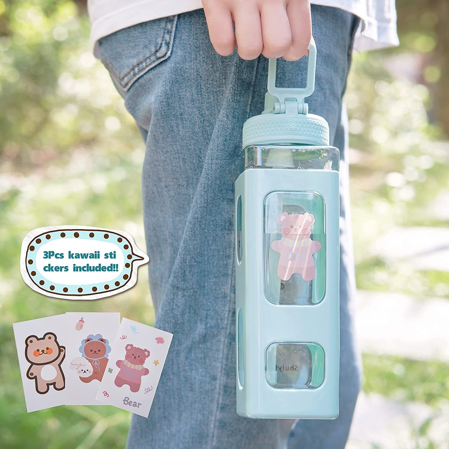 HOMECRAZE Kawaii Water Bottle With Straw Water Bottles Portable Square Drinking Bottle For Girl