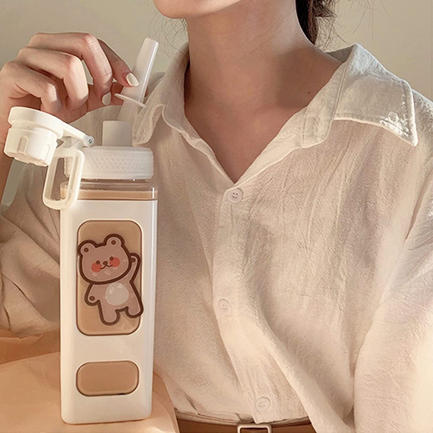 HOMECRAZE Kawaii Water Bottle With Straw Water Bottles Portable Square Drinking Bottle For Girl
