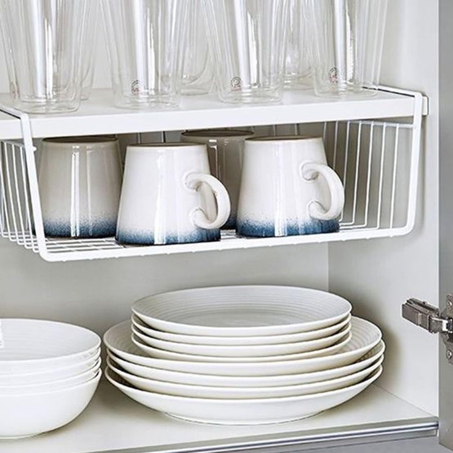 Go Hooked 16 Inch Undershelf Storage Basket Pack of 2 | Multipurpose Under Shelf Organizer | Hanging Wire Basket for Cabinet, Shelf, Pantry, Cupboard, Closet, Desk, and Bathroom (White)