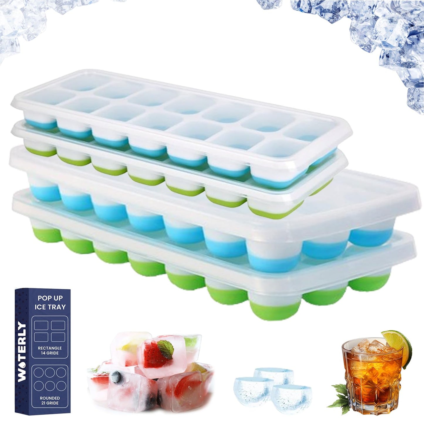 WOTERLY 4 Pcs Pop Up Round Ice Cube Trays| Ice Tray with Lid for Freezer| Easy Release,Flexible Silicone Bottom, Stackable Food Grade Plastic,BPA Free| Make Perfect Ice Balls (Set of 4Pcs)