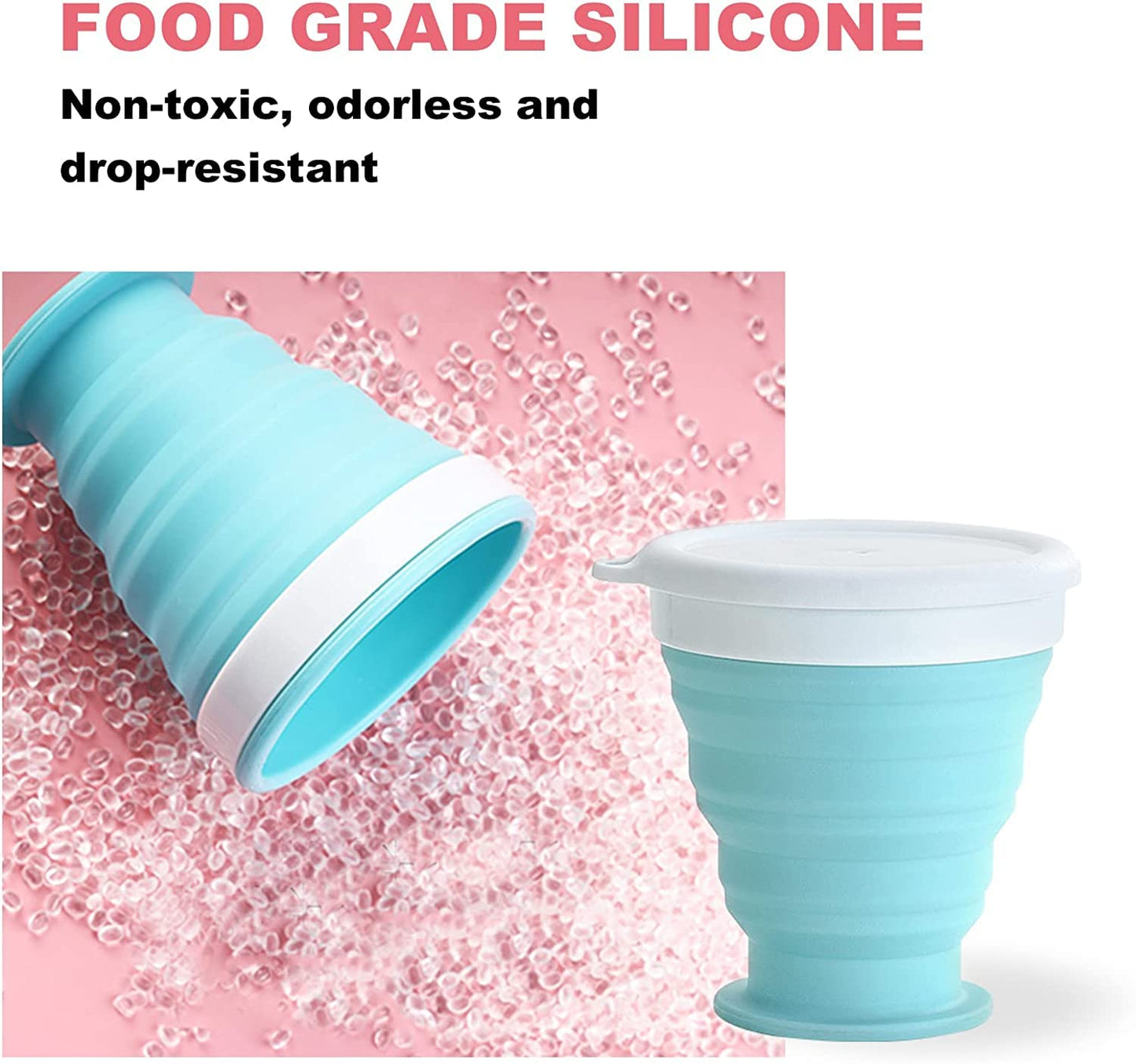 Baskety Silicone Collapsible Travel Cup - Silicone Folding Camping Cup with Lids - Expandable Drinking Cup Set - BPA Free, Portable, Graduated