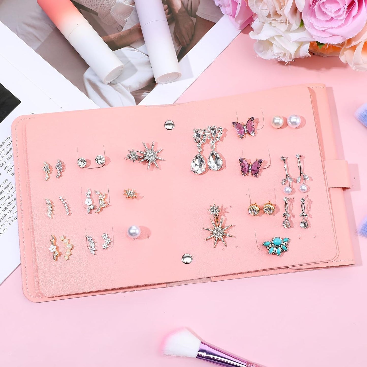 Travel Earring Case, Foldable Book Design Jewelry Organizer Book Portable PU Leather Earring Organizer Box Ear Ring Holder 84 Holes with 2 Storage Pockets 1 Interlayer for DIY Drilling(Multicolour)