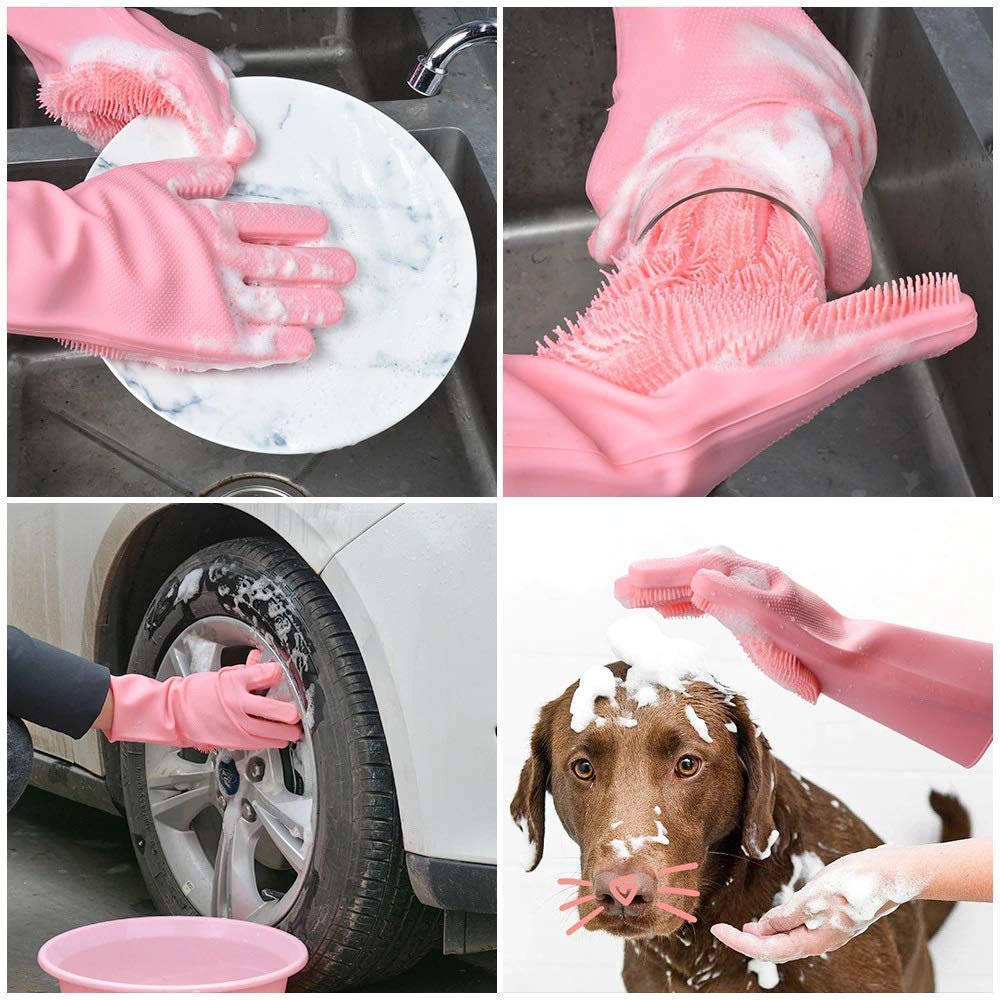 HUSB® Gloves Magic Silicone Dish Washing Gloves, Silicon Cleaning Gloves, Silicon Hand Gloves for Kitchen Dishwashing and Pet Grooming, Great for Washing Dish, Car, Bathroom (Multicolour, 1 Pair)