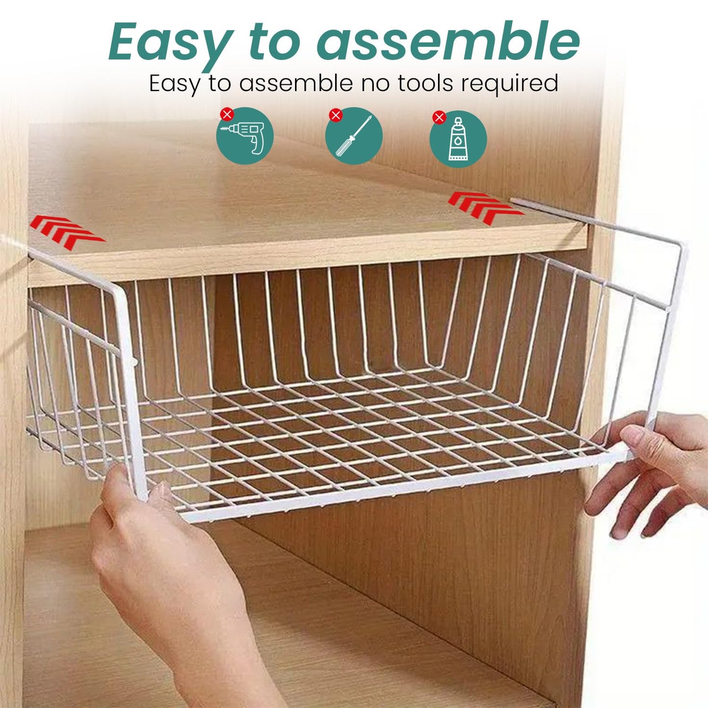 Go Hooked 16 Inch Undershelf Storage Basket Pack of 2 | Multipurpose Under Shelf Organizer | Hanging Wire Basket for Cabinet, Shelf, Pantry, Cupboard, Closet, Desk, and Bathroom (White)