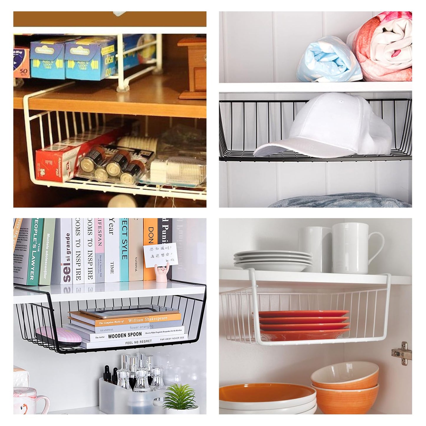 Go Hooked 16 Inch Undershelf Storage Basket Pack of 2 | Multipurpose Under Shelf Organizer | Hanging Wire Basket for Cabinet, Shelf, Pantry, Cupboard, Closet, Desk, and Bathroom (White)