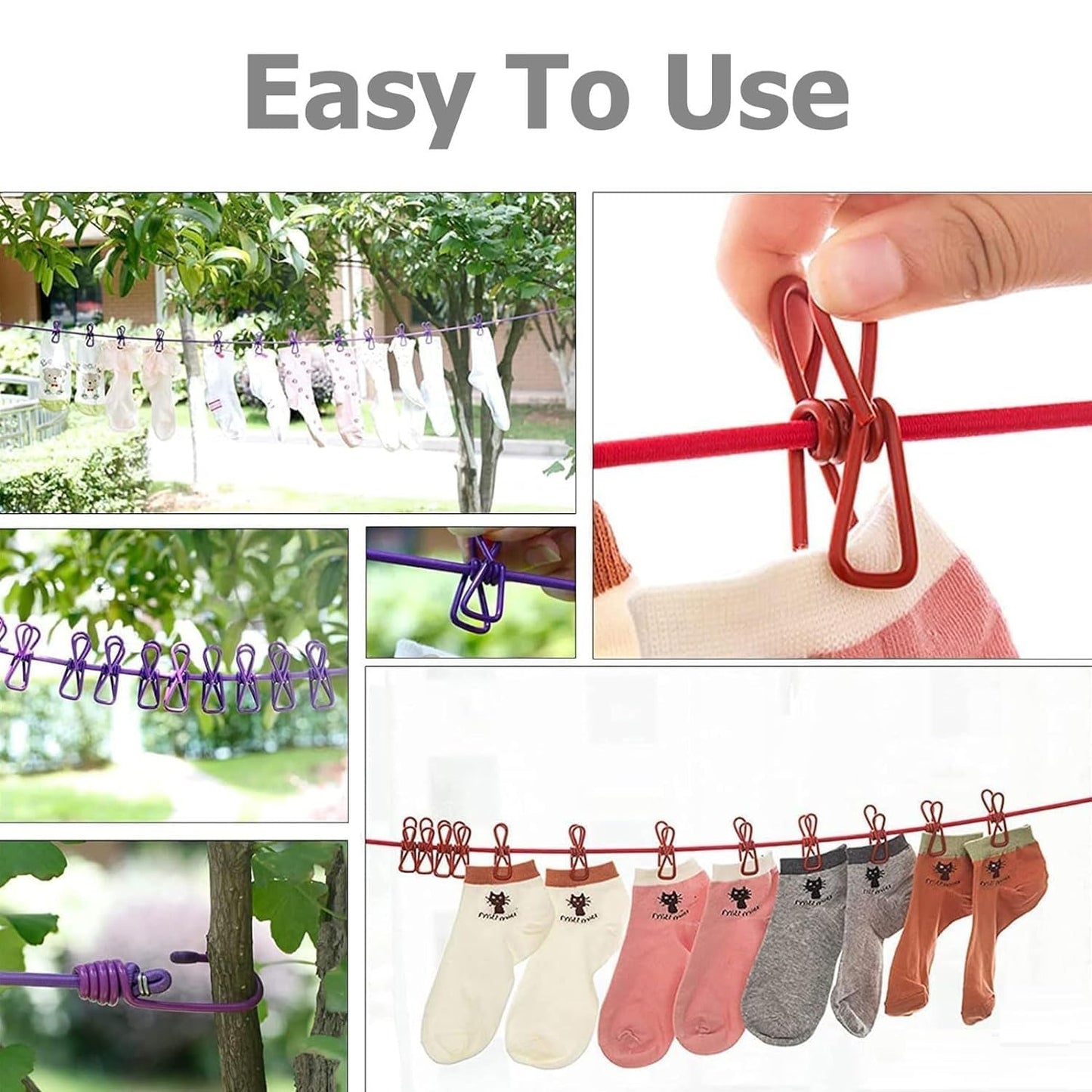NAARI VILLA Cloth Drying Rope (Pack of 4) with 12 Clips Hooks Elastic Cloth Hanging Rope Cloth Drying for Travel Home Outdoor Indoor Wind-Proof Clothesline