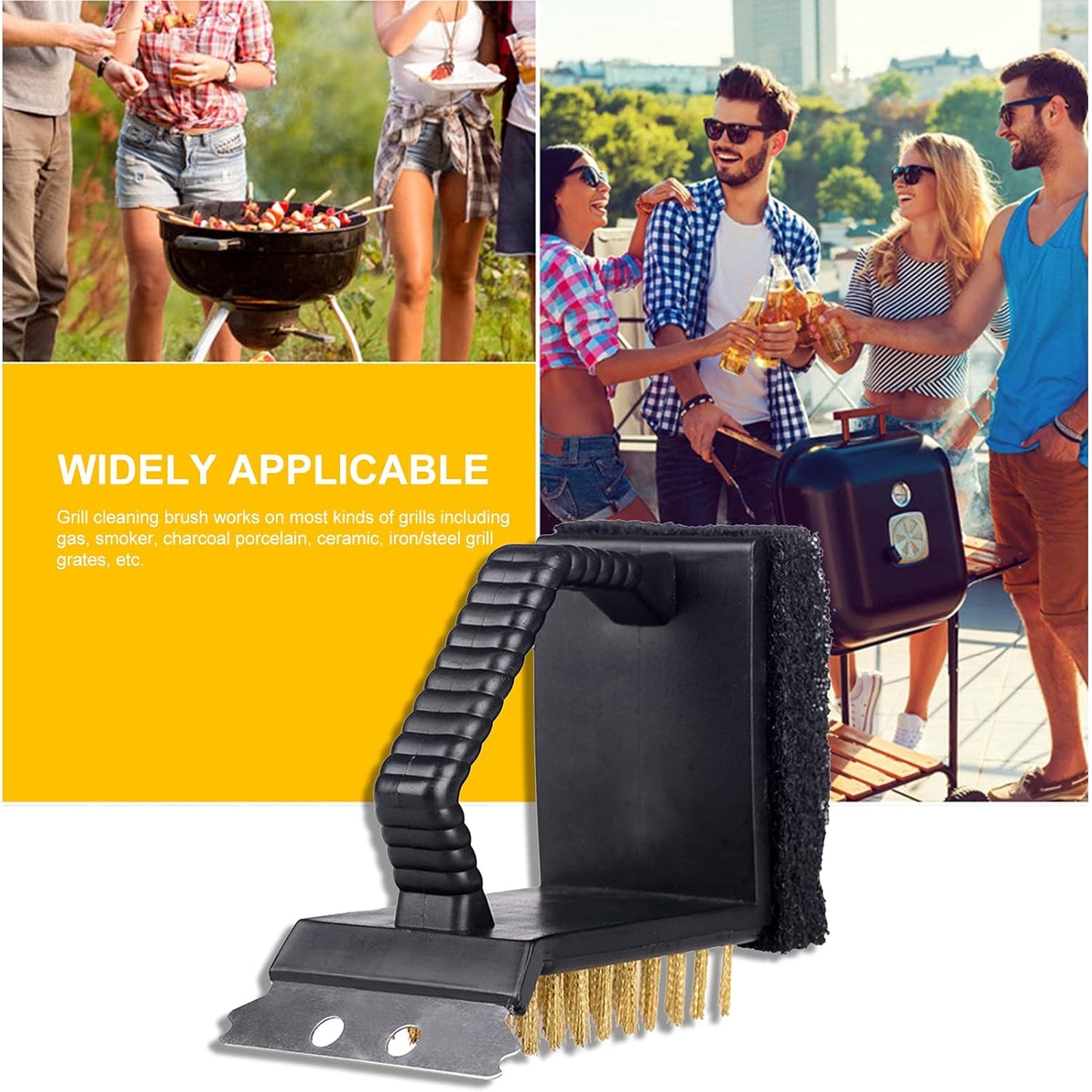 3 in 1 BBQ Cleaning Brush Grill Scraper Sponge Multifunction Barbecue Cleaner BBQ Cleaning Brush for Charcoal Porcelain Grill Tools Black-Layfoo