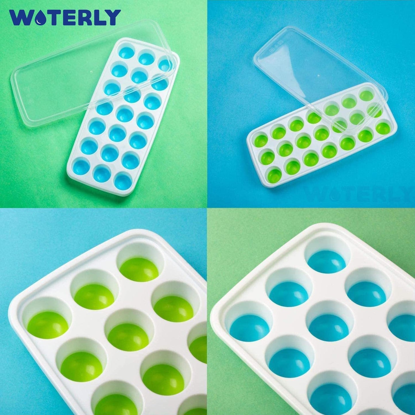 WOTERLY 4 Pcs Pop Up Round Ice Cube Trays| Ice Tray with Lid for Freezer| Easy Release,Flexible Silicone Bottom, Stackable Food Grade Plastic,BPA Free| Make Perfect Ice Balls (Set of 4Pcs)