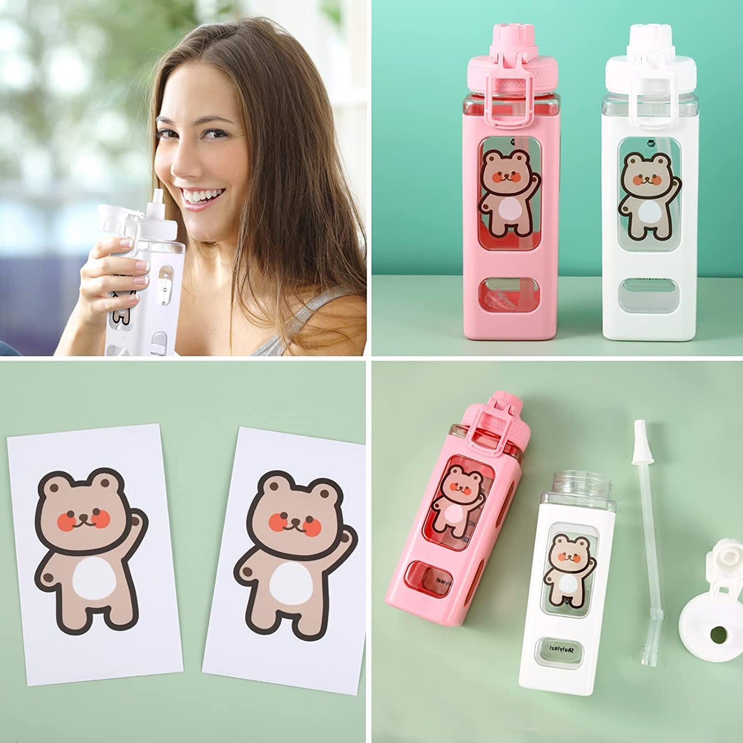 HOMECRAZE Kawaii Water Bottle With Straw Water Bottles Portable Square Drinking Bottle For Girl