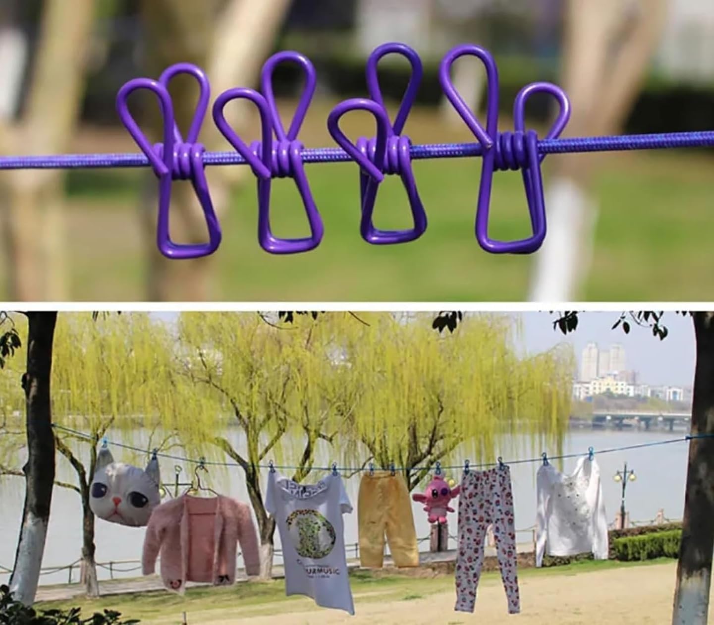 NAARI VILLA Cloth Drying Rope (Pack of 4) with 12 Clips Hooks Elastic Cloth Hanging Rope Cloth Drying for Travel Home Outdoor Indoor Wind-Proof Clothesline
