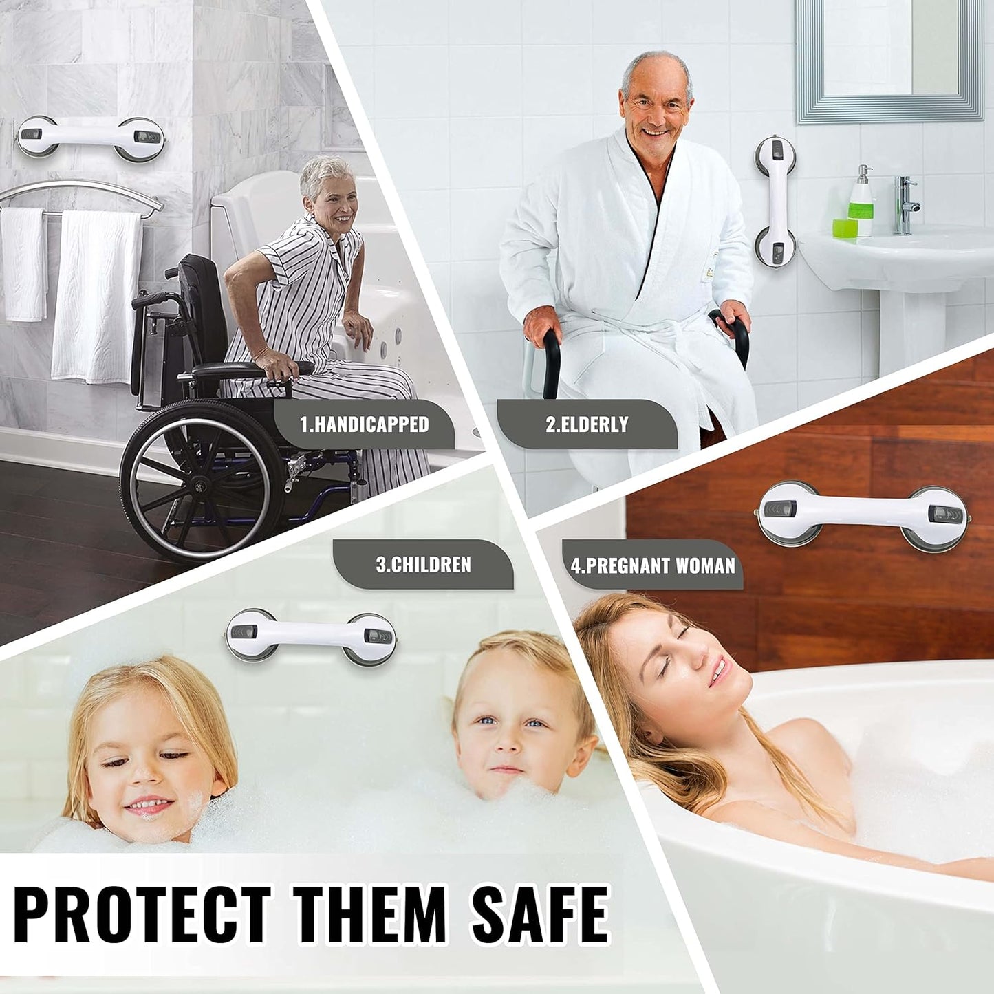 GUEDIAO Shower Grab Bars Suction for Seniors, 2 Pack Grab Bars for Bathtubs and Showers, Shower Handles for Elderly, Handicap Grab Bars for Toilet Tiles Glass