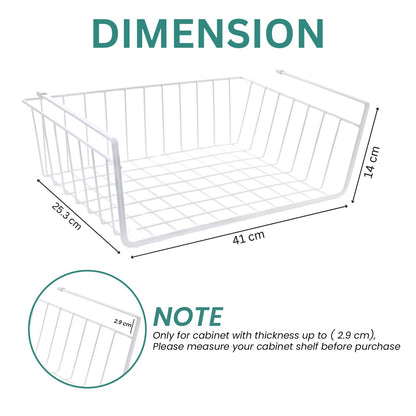Go Hooked 16 Inch Undershelf Storage Basket Pack of 2 | Multipurpose Under Shelf Organizer | Hanging Wire Basket for Cabinet, Shelf, Pantry, Cupboard, Closet, Desk, and Bathroom (White)